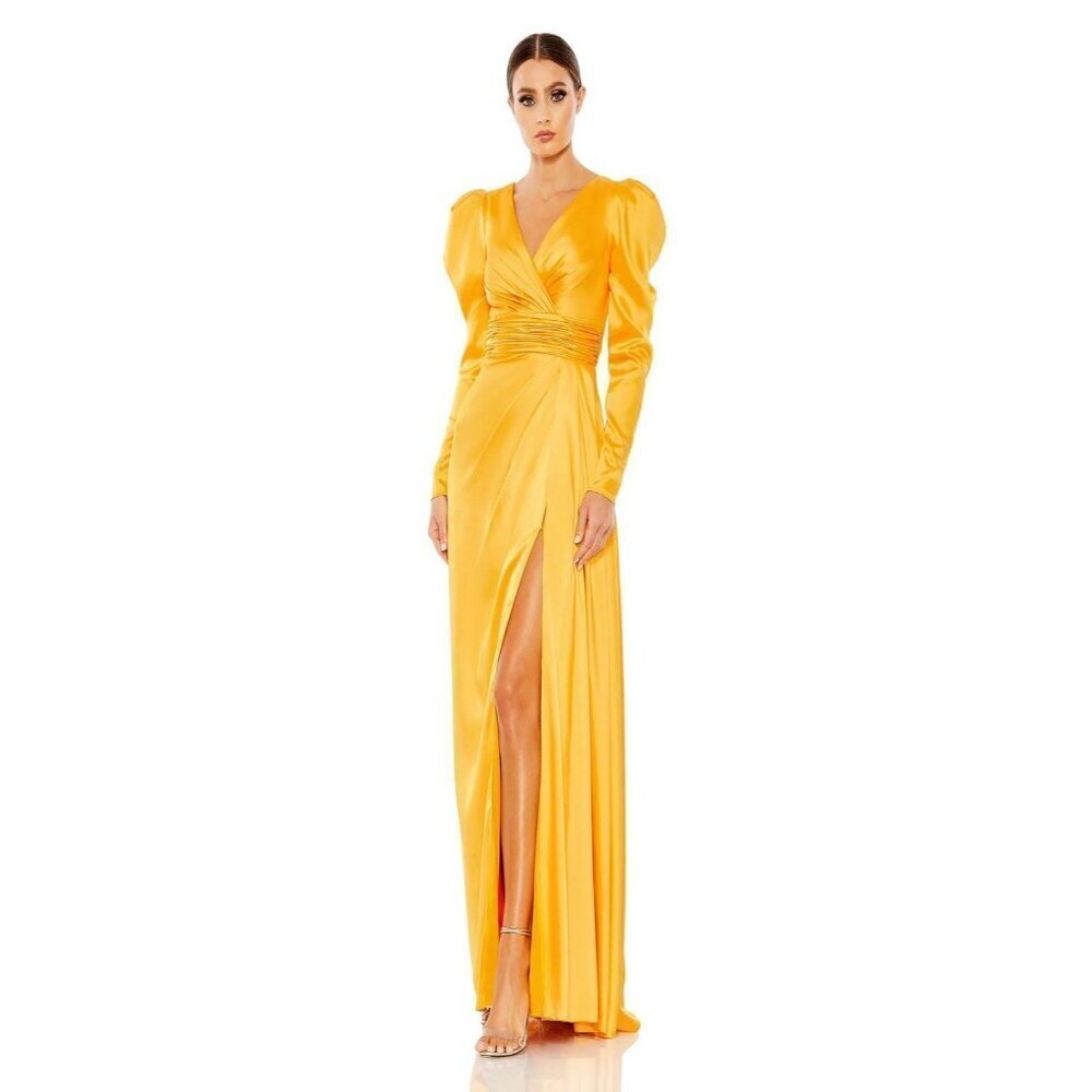 Mac Duggal Size 4 Yellow Mango 12404 Long Sleeve Satin Formal Gown Dress Prom